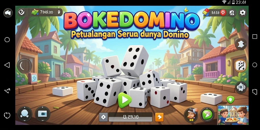 Gambar utama BOKEDOMINO menunjukkan aksi petualangan seru di dunia domino.