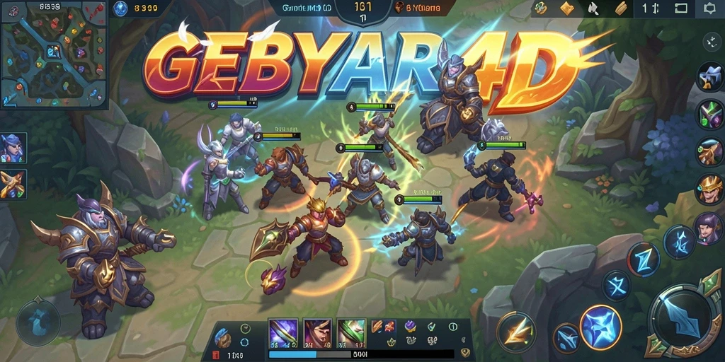 Tangkapan layar gameplay GEBYAR4D dengan karakter dalam pertempuran MOBA.