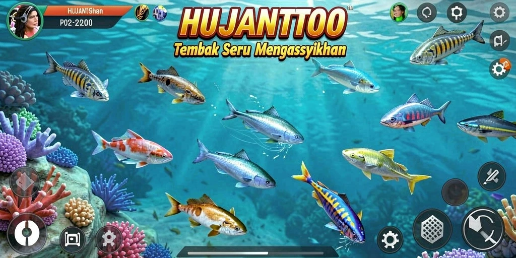 Tangkapan layar seru dari gameplay HUJANTOTO saat menembak ikan.