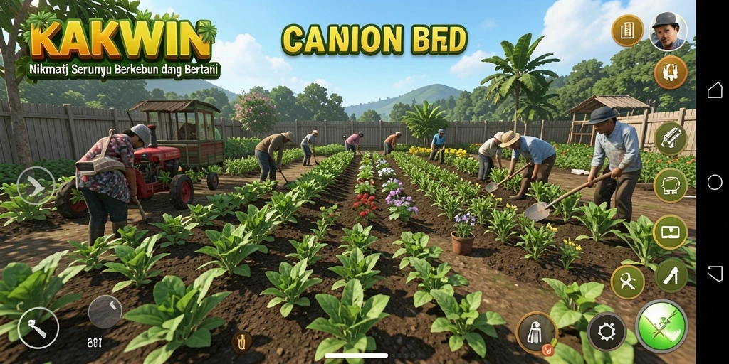 Screenshot gameplay KAKWIN menampilkan kebun yang indah dan tanaman yang subur.
