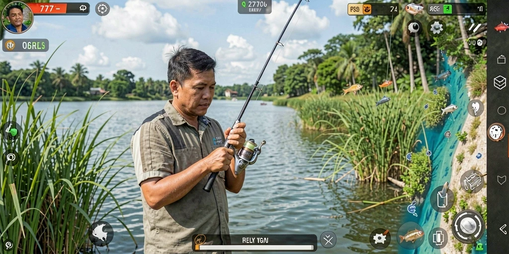 Tampilan gameplay menarik L777 dengan aktivitas memancing yang seru.