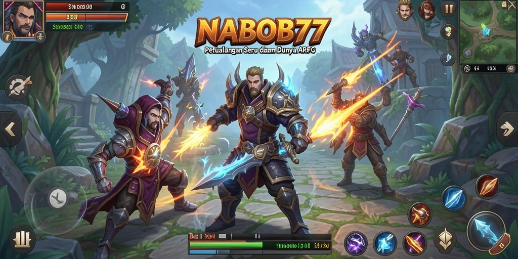 Screenshot NABOB77 menampilkan pertarungan epik pahlawan melawan monster dalam dunia fantastis.