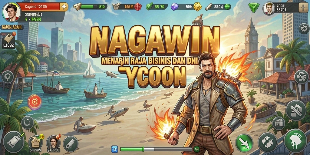 Screenshot gameplay NAGAWIN menunjukkan suasana bisnis yang dinamis dan strategis.