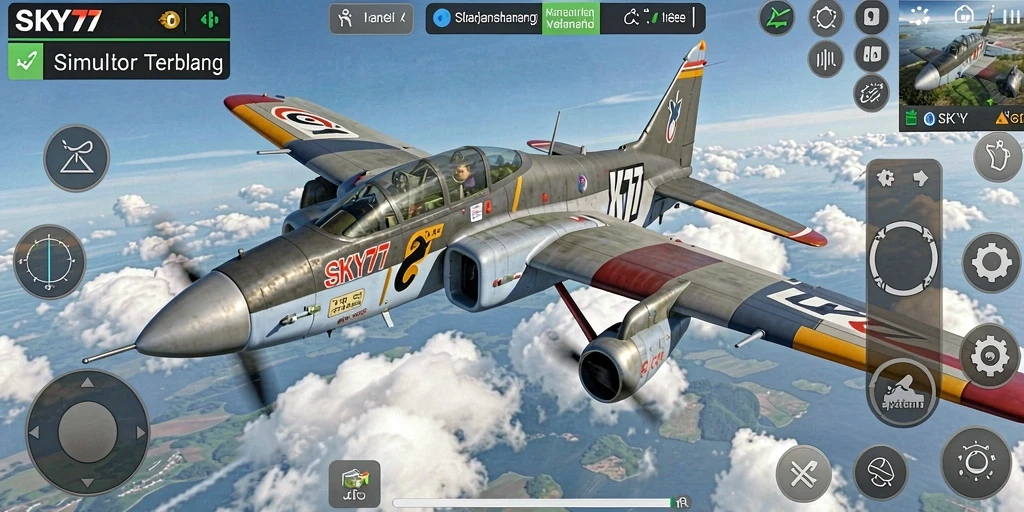 Tampilan gameplay SKY77 yang menakjubkan saat menerbangkan pesawat.