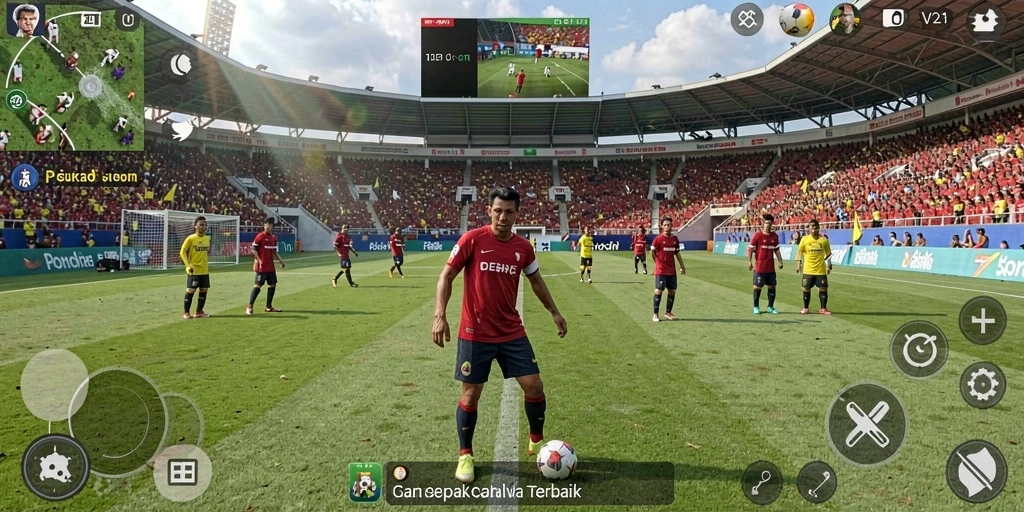 Screenshot gameplay V21 yang menunjukkan aksi seru di lapangan sepak bola.