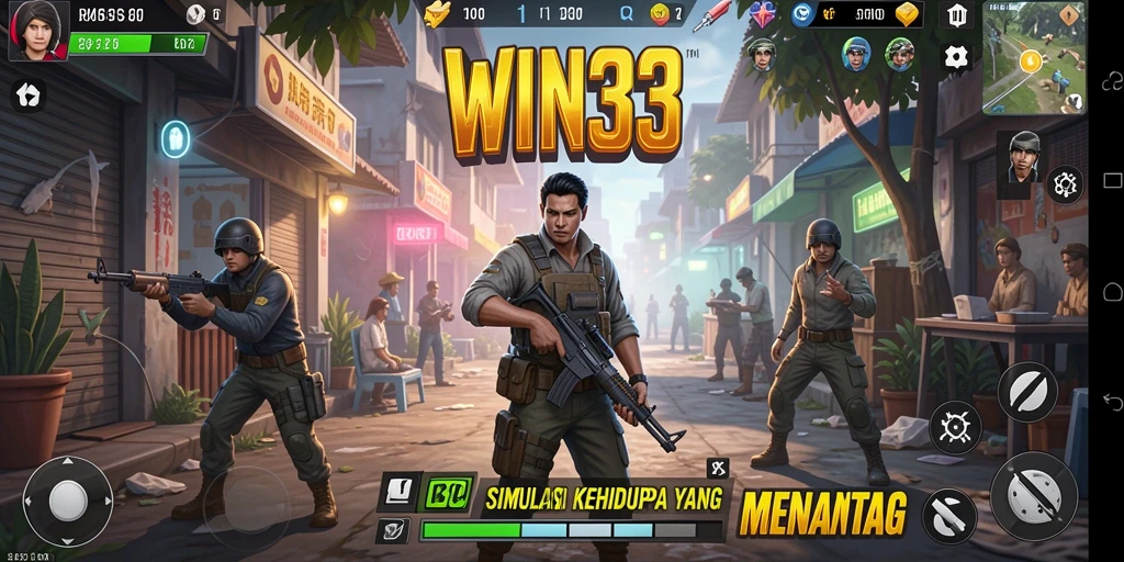 Screenshot utama WIN33 menampilkan gameplay realistis dalam simulasi kehidupan.