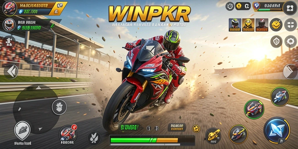 Tangkapan layar utama WINPKR menampilkan aksi balapan motor yang mendebarkan.